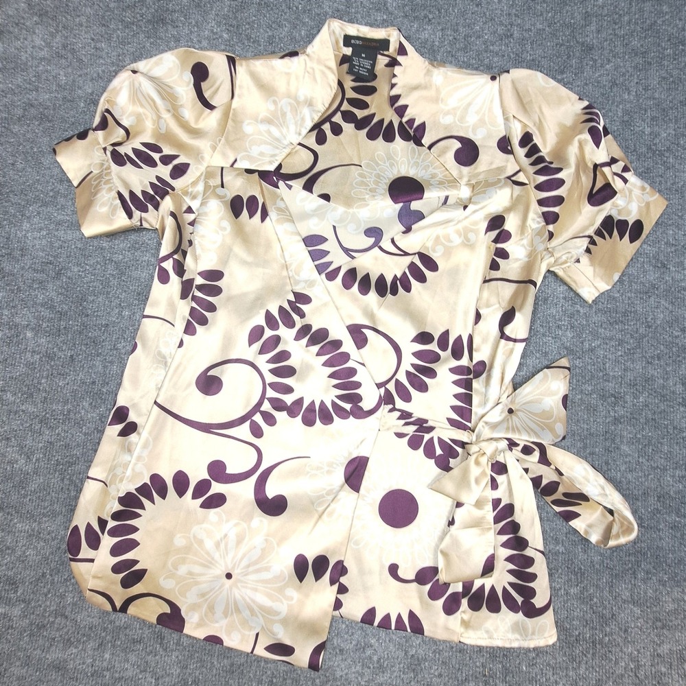 BCBGMAXAZRIA Purple Floral Medallion Satin Wrap Top Champagne Gold Mock Neck M